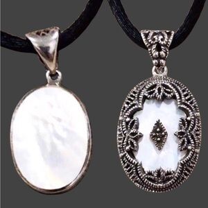 JUDITH JACK Silk Necklace & Marcasite Embellished Silver Mother of Pearl Pendant
